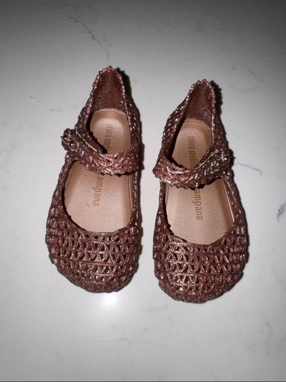 Mini Melissa Girls' Rose Gold Glitter Mary Jane Jelly Sandals